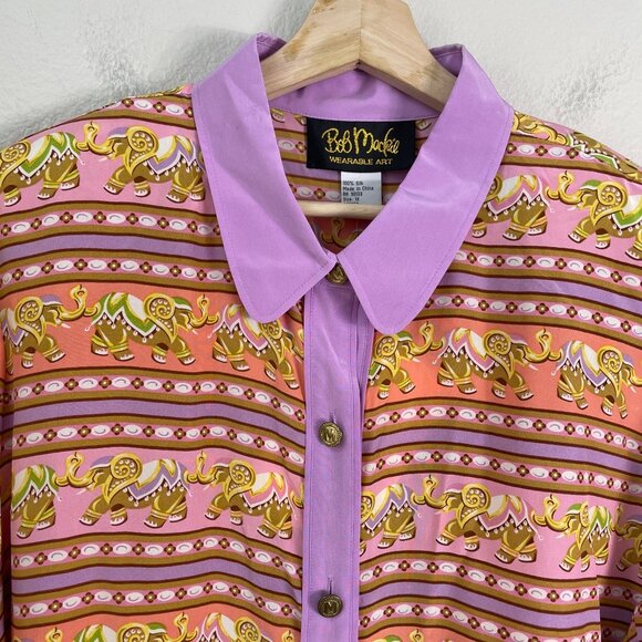 NEW Bob Mackie Womens Plus 1X Wearable Art Silk Button Up Shirt Elephant Print - Picture 9 of 12
